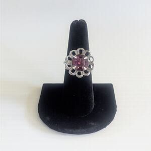 Vintage Sarah Coventry Silver-Tone Flower Ring with Purple Stone